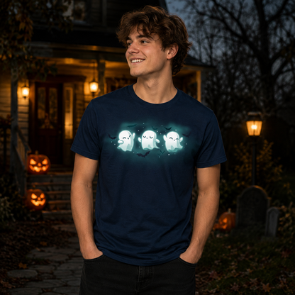 Men's Premium T-shirt_TeeTurtle navy Spooky Boo-gie Men's Premium T-shirt featuring three glowing white ghosts dancing together while black bats fly around them.