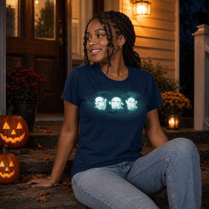 Women's Premium T-shirt_TeeTurtle navy Spooky Boo-gie Women's Premium T-shirt featuring three glowing white ghosts dancing together while black bats fly around them.