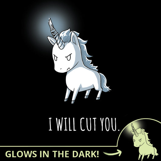 TeeTurtle's Stabby the Unicorn (GLOW) Men's T-shirt will glow in the dark.