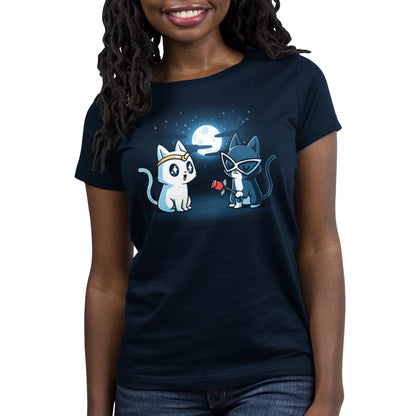 A Star-Crossed Lovers navy blue t-shirt featuring two cats and a moon by TeeTurtle.