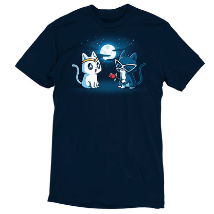A stylish Star-Crossed Lovers t-shirt with two cats and a moon on it by TeeTurtle.