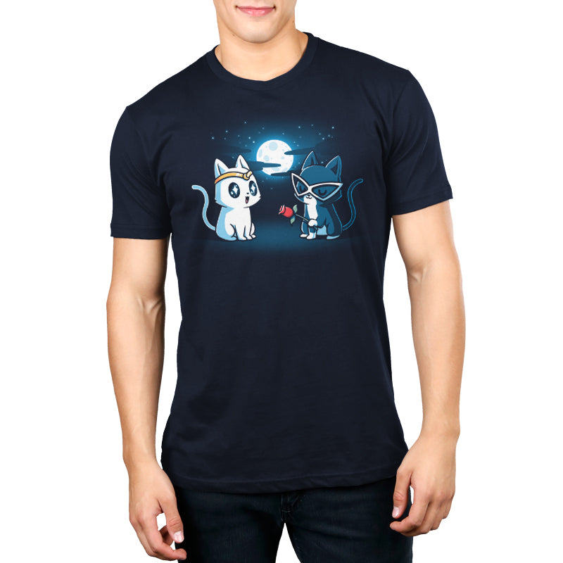 A super soft men's navy blue Star-Crossed Lovers t-shirt by TeeTurtle featuring two stylish cuties and a moon.
