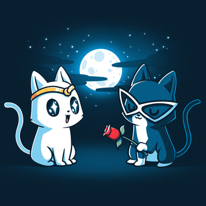 Two Star-Crossed Lovers cats in front of a full moon on a TeeTurtle t-shirt.