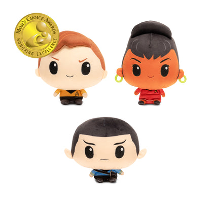 Group of three Star Trek character plushies, including Spock in a blue Starfleet uniform, displayed together against a white background.