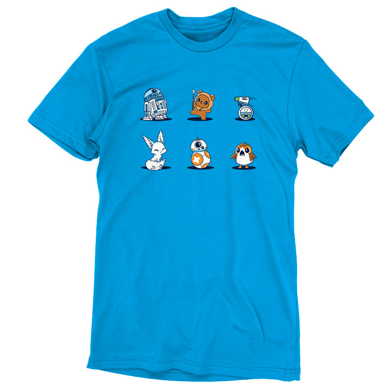 A blue T-shirt with Star Wars Cuties characters, including droids and creatures on it.