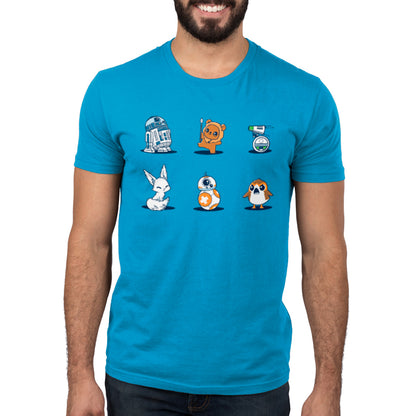 A man wearing a blue Star Wars t-shirt adorned with various creatures.