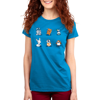 A woman wearing a blue t-shirt with Star Wars Cuties on it.