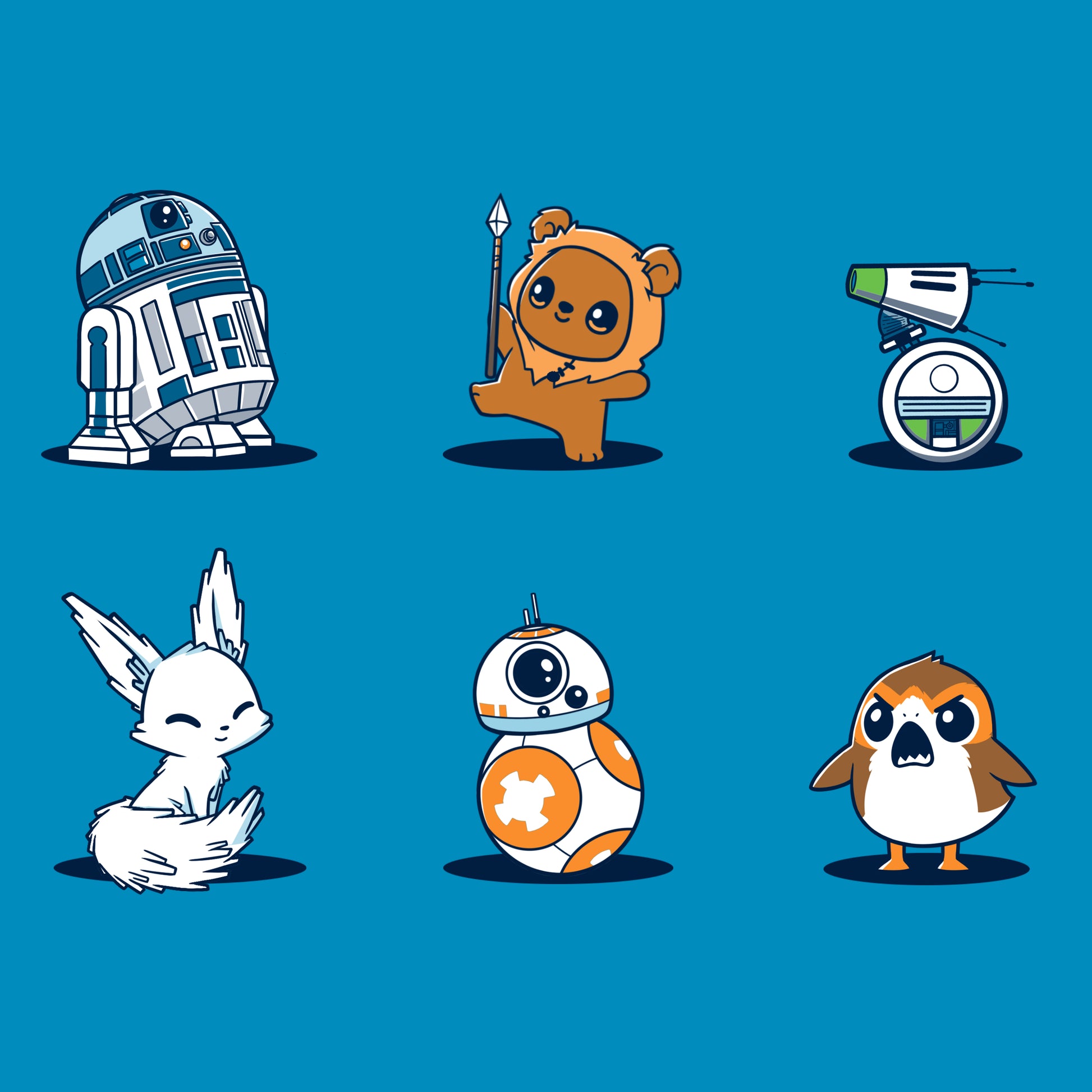 Star Wars Cuties on a blue background featuring droids and creatures. (Brand: Star Wars)