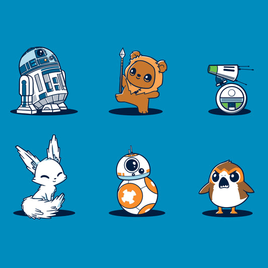 Star Wars Cuties on a blue background featuring droids and creatures. (Brand: Star Wars)
