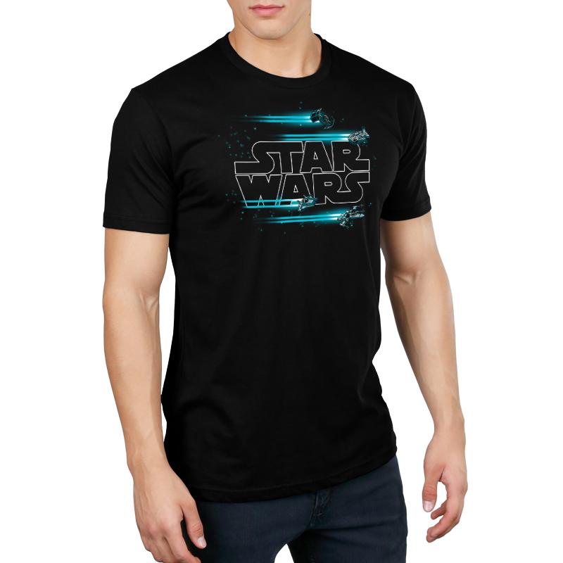 A man wearing an officially licensed Star Wars Jump to Hyperspace t-shirt.