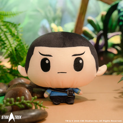 Star Trek Spock Cloudheads plushie sitting near rocks and foliage