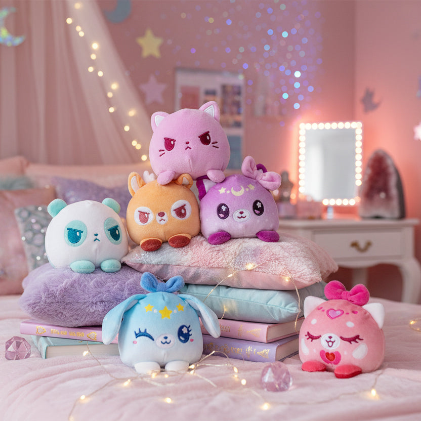Starlight Kingdom Reversible Plushie Mystery Box plushies sitting on a bed with fluffy pastel pillows, books, fairy lights, and various trinkets in a magical, kawaii-themed bedroom