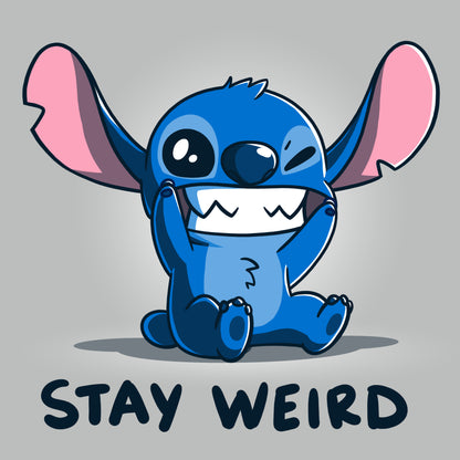 A Disney Stay Weird Stitch character on a T-shirt with the words stay weird.