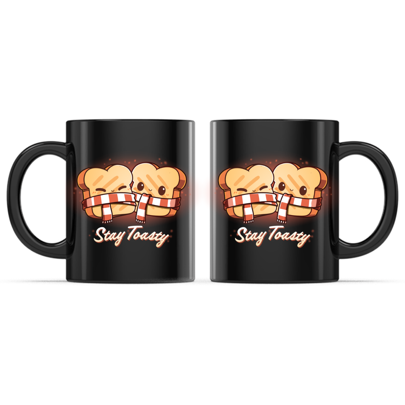 Ceramic Mug_TeeTurtle Stay Toasty Mug black mug featuring two smiling slices of toast wrapped together in a cozy striped scarf above the phrase "Stay Toasty."