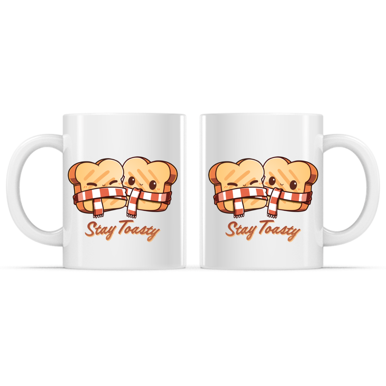 Ceramic Mug_TeeTurtle Stay Toasty Mug white mug featuring two smiling slices of toast wrapped together in a cozy striped scarf above the phrase "Stay Toasty."