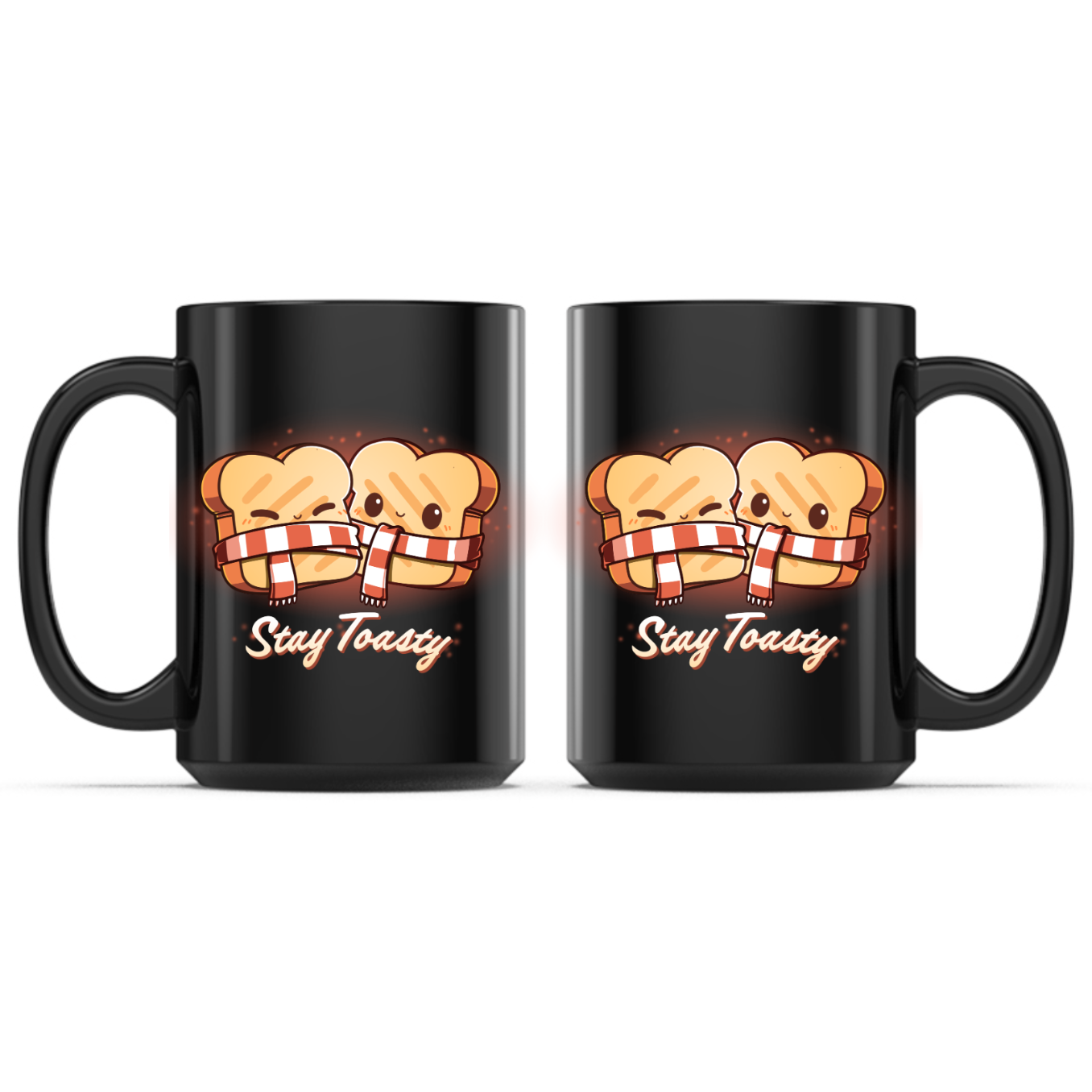 Ceramic Mug_TeeTurtle Stay Toasty Mug black mug featuring two smiling slices of toast wrapped together in a cozy striped scarf above the phrase "Stay Toasty."