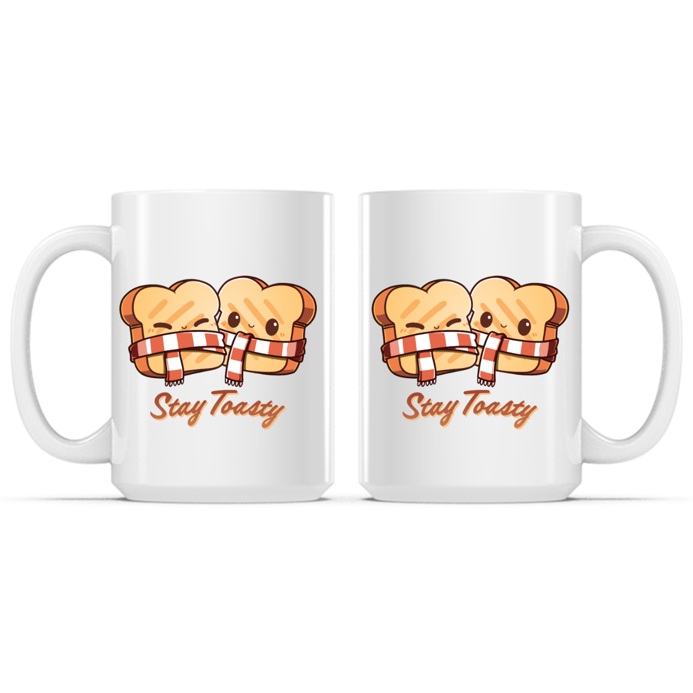 Ceramic Mug_TeeTurtle Stay Toasty Mug white mug featuring two smiling slices of toast wrapped together in a cozy striped scarf above the phrase "Stay Toasty."