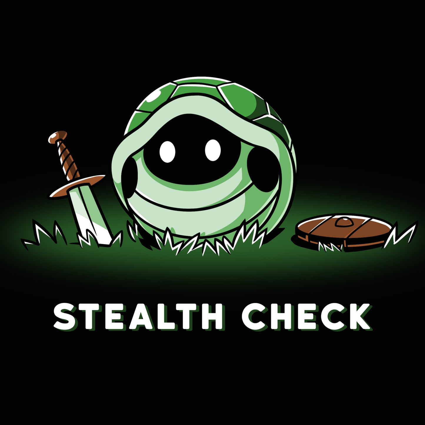 A TeeTurtle Stealth Check turtle black t-shirt featuring a turtle with a sword and the words "Stealth Check.