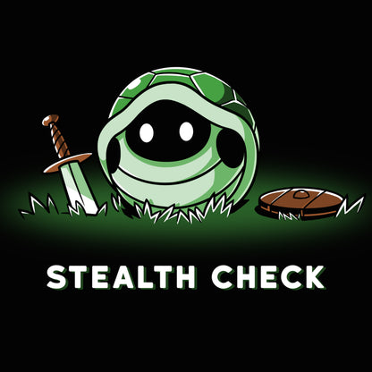 A TeeTurtle Stealth Check turtle black t-shirt featuring a turtle with a sword and the words "Stealth Check.