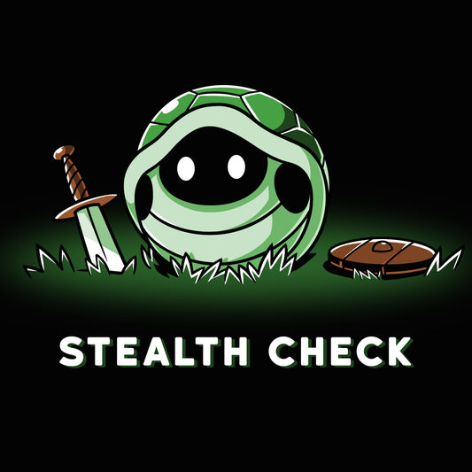 A TeeTurtle Stealth Check turtle black t-shirt featuring a turtle with a sword and the words 