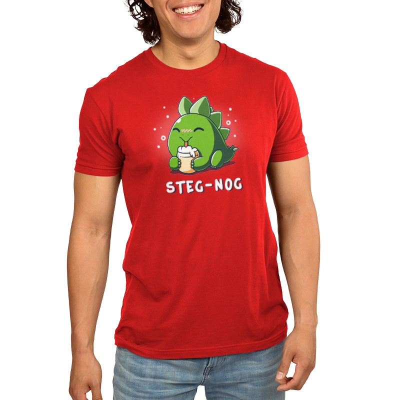 A man wearing a red t-shirt from TeeTurtle with the brand "Steg-nog" written on it, representing a fun and quirky choice for the holidays.