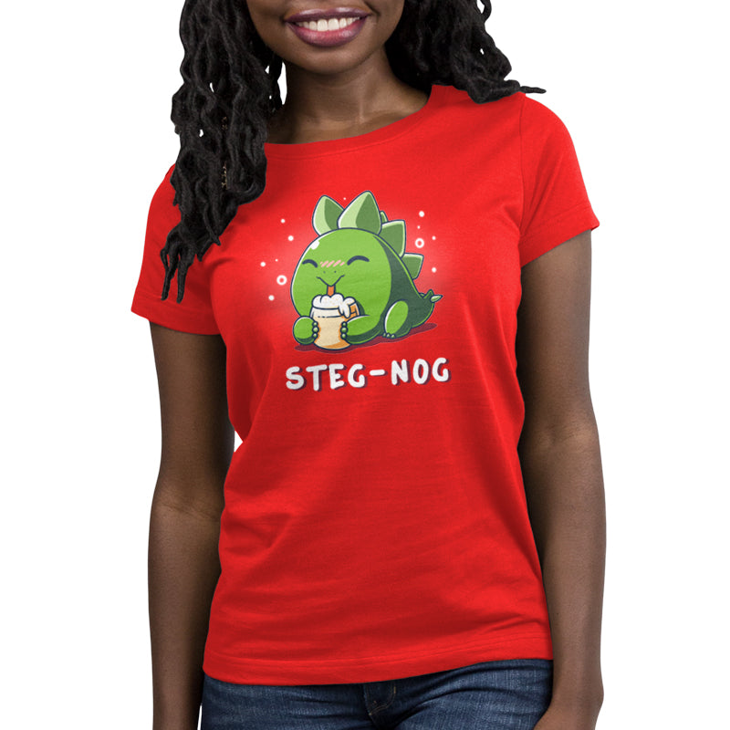 A woman wearing a red TeeTurtle Steg-nog t-shirt with the word st-dog on it.