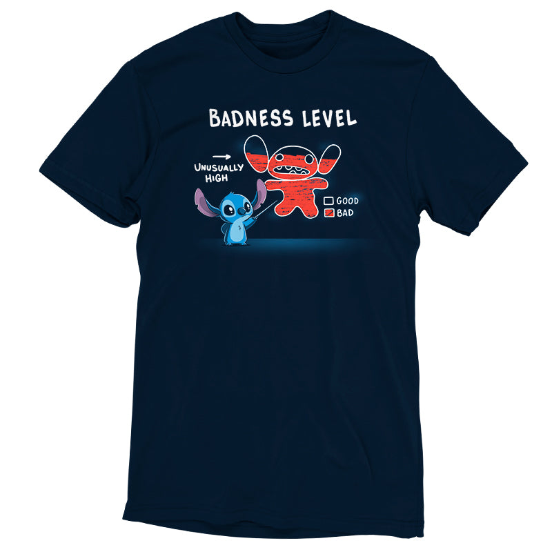 An officially licensed Disney Stitch's Badness Level t-shirt featuring a badness level design.
