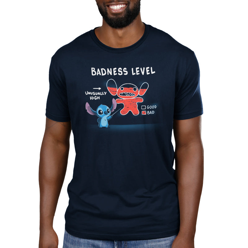A Disney t-shirt featuring the words "Stitch's Badness Level" and Stitch from Lilo and Stitch.