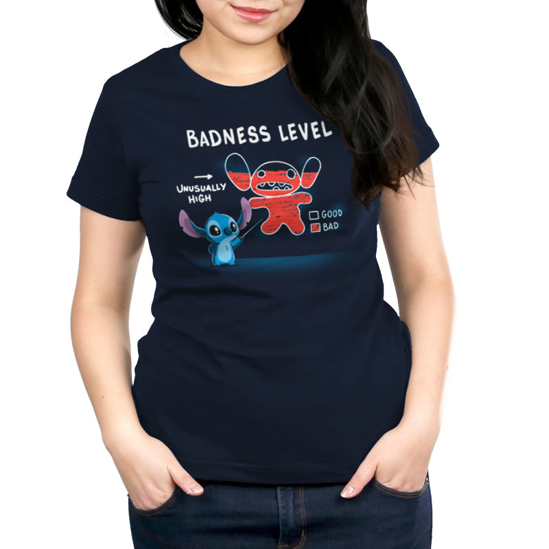 A Disney women's T-shirt with a Stitch's Badness Level design stitched on.