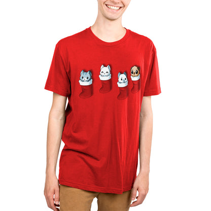 Premium Cotton T-shirt_TeeTurtle Stocking Stuffers red t-shirt featuring a group of three cats and pug puppy looking cute in Christmas stockings.
