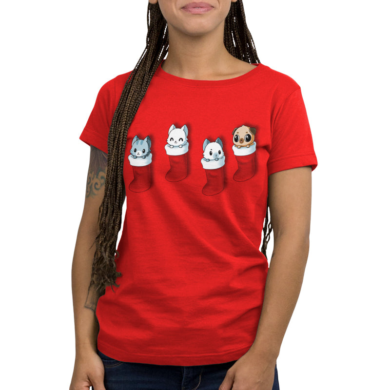 Premium Cotton T-shirt_TeeTurtle Stocking Stuffers red t-shirt featuring a group of three cats and pug puppy looking cute in Christmas stockings.
