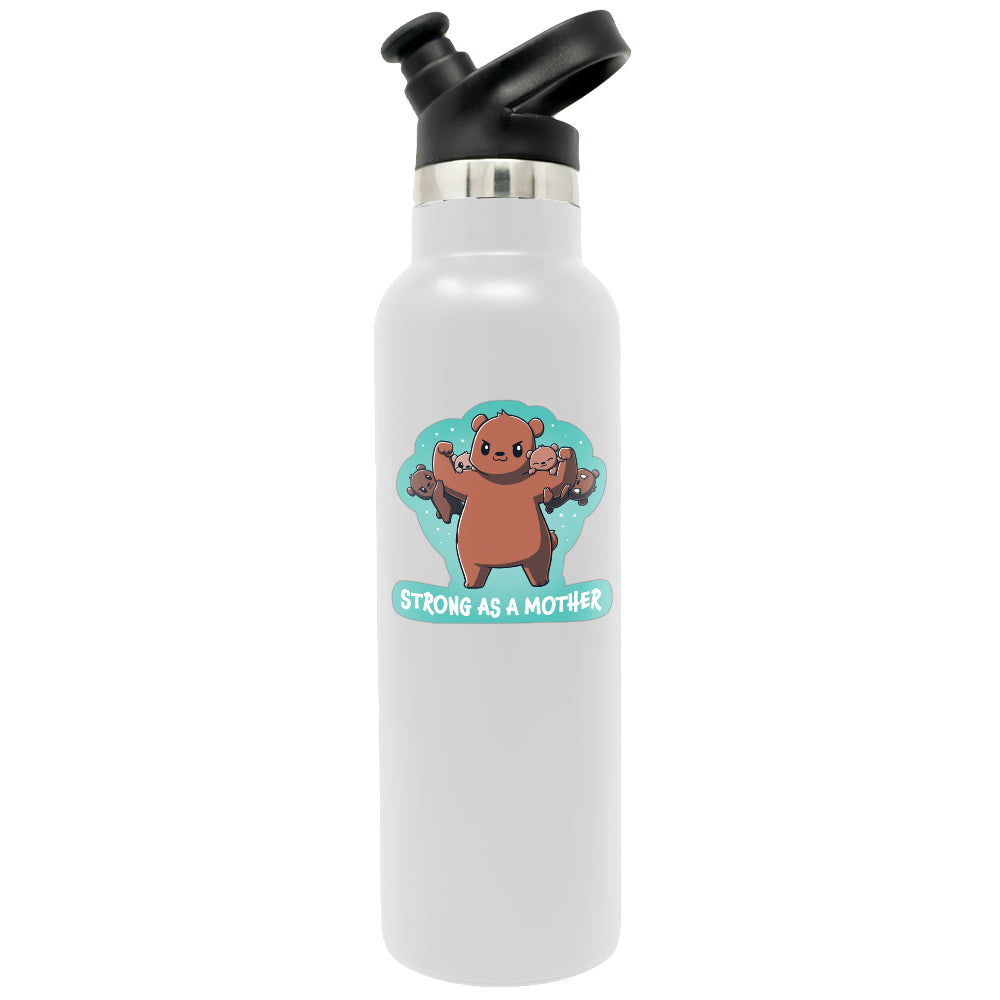 A white water bottle with a Strong As A Mother Sticker by TeeTurtle.
