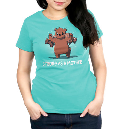 A woman wearing a Caribbean blue monsterdigital T-shirt featuring an image of a bear holding cubs on the front and the text "Strong as a Mother," crafted from super soft ringspun cotton.