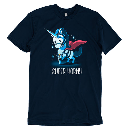 Navy blue women's t-shirt featuring a cartoon unicorn with a cape and the phrase 