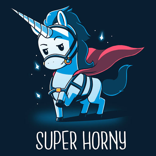Illustration of a cartoon unicorn styled as a superhero with a cape on a super soft ringspun cotton T-shirt, titled 