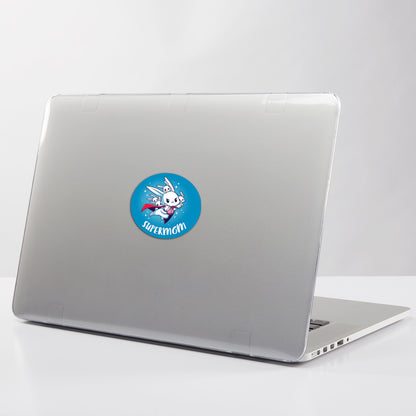 A laptop with a water-resistant TeeTurtle Supermom Sticker.