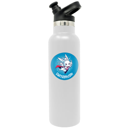 A cute white water bottle with a Supermom Sticker by TeeTurtle made of water-resistant vinyl.