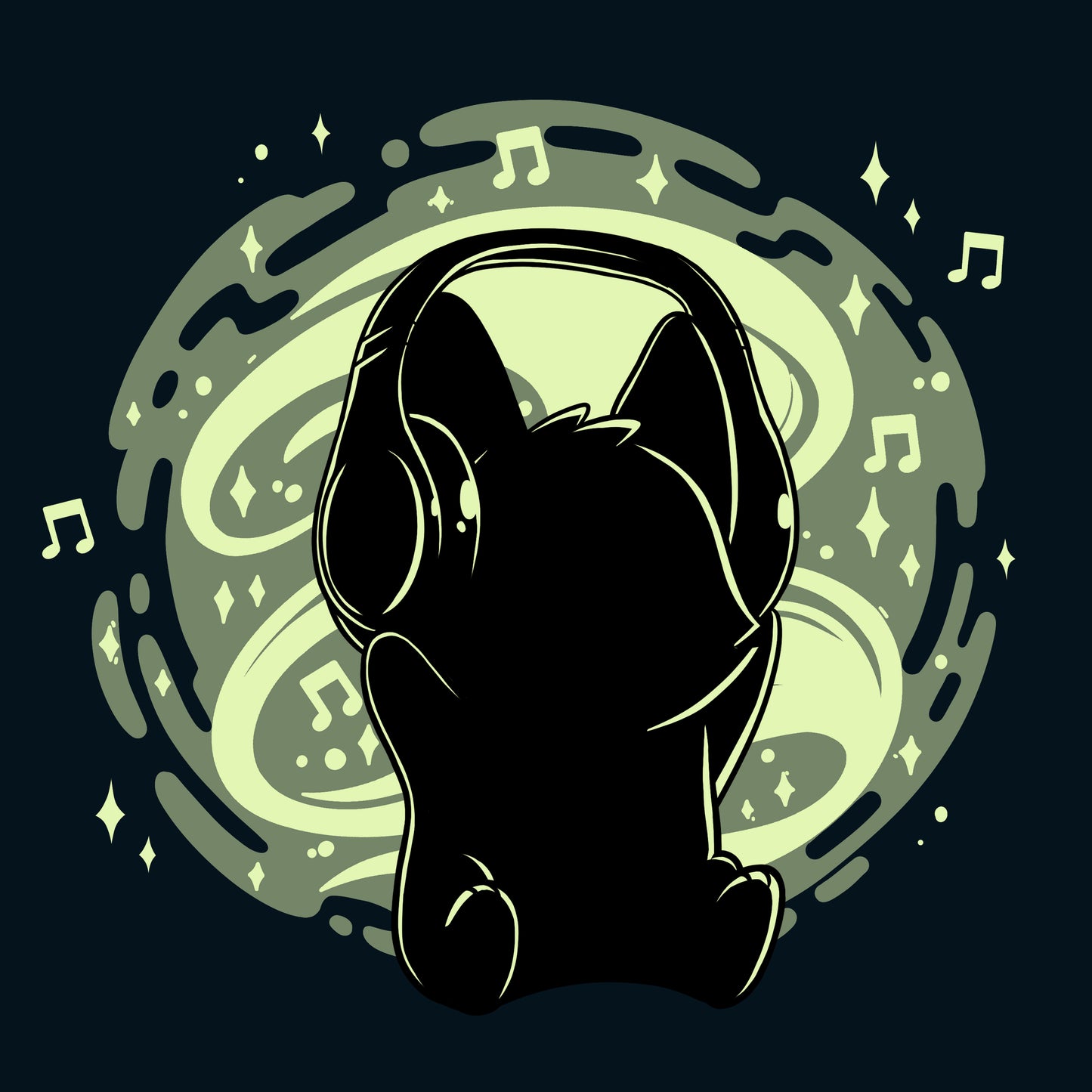A navy blue Surrounded by Music (GLOW) T-shirt with a cat silhouette wearing headphones, made by TeeTurtle.
