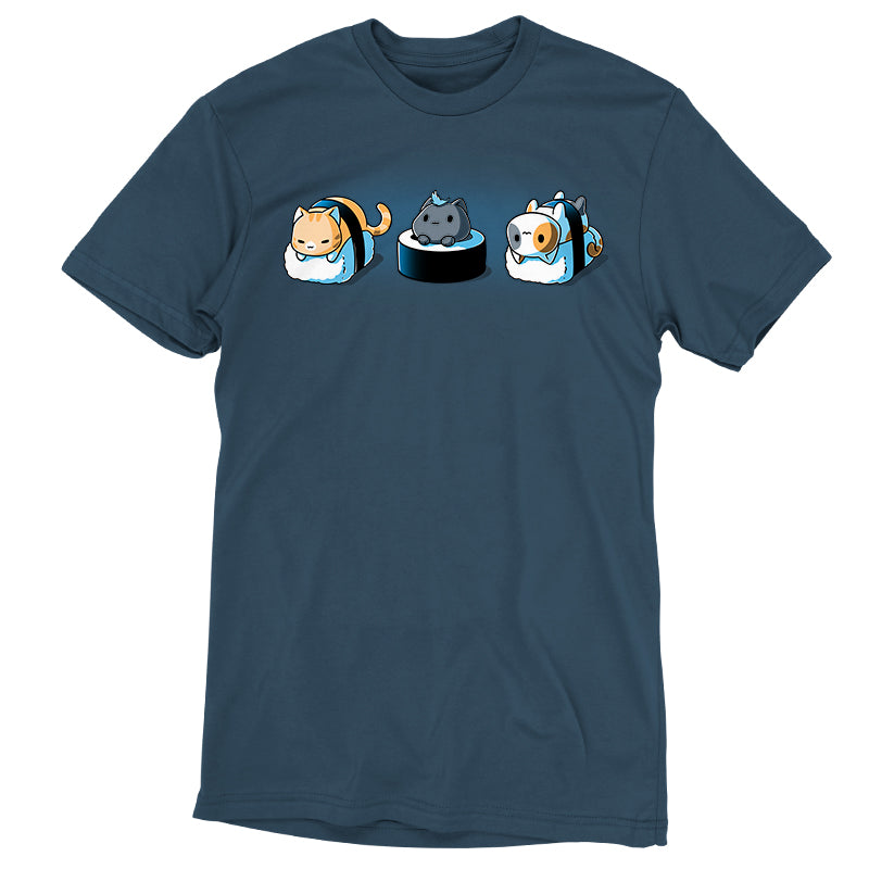 A blue TeeTurtle T-shirt featuring three Sushi Cats.