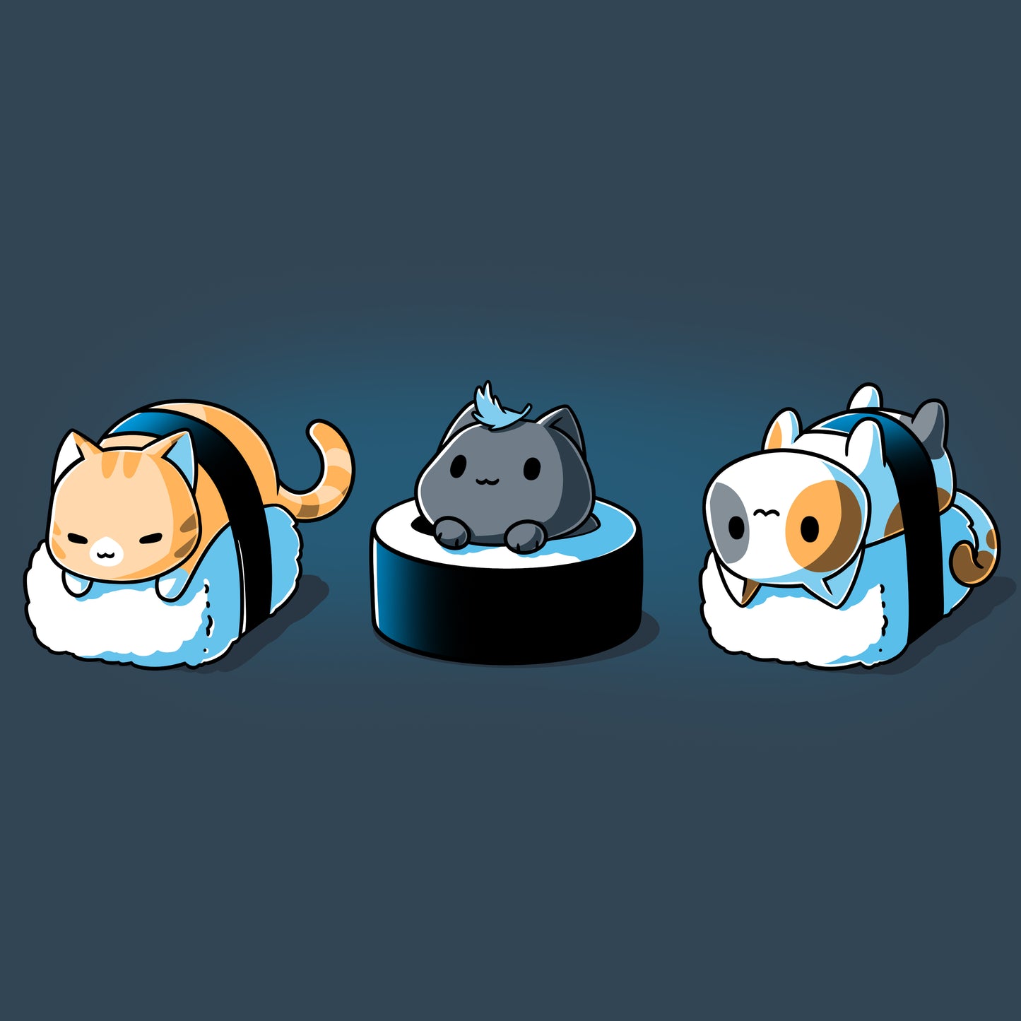 Three Sushi Cats by TeeTurtle sitting on top of each other on a dark background.