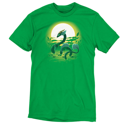 This monsterdigital Swamp Dragon showcases an illustration of a dragon-like creature with a circular sun in the background and surrounding greenery, made from super soft ringspun cotton.