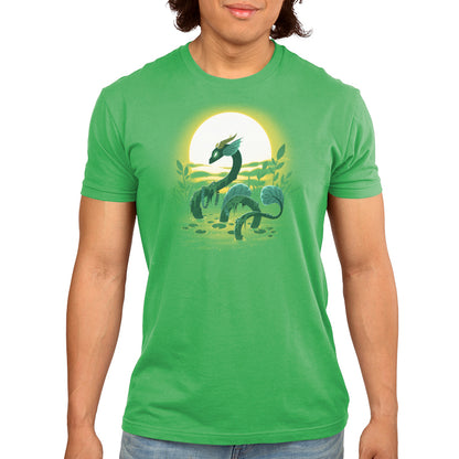 A man wearing a green t-shirt with a TeeTurtle Swamp Dragon on it.