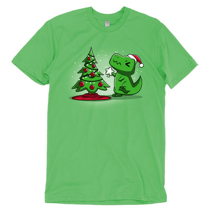 An apple green TeeTurtle t-shirt featuring a Christmas T-Rex alongside a vibrant Christmas tree.
