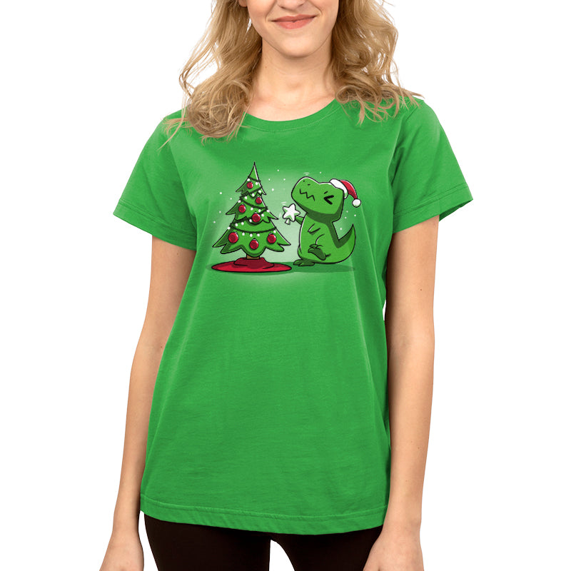 A women's apple green t-shirt with a crocodile and a Christmas T-Rex from TeeTurtle.