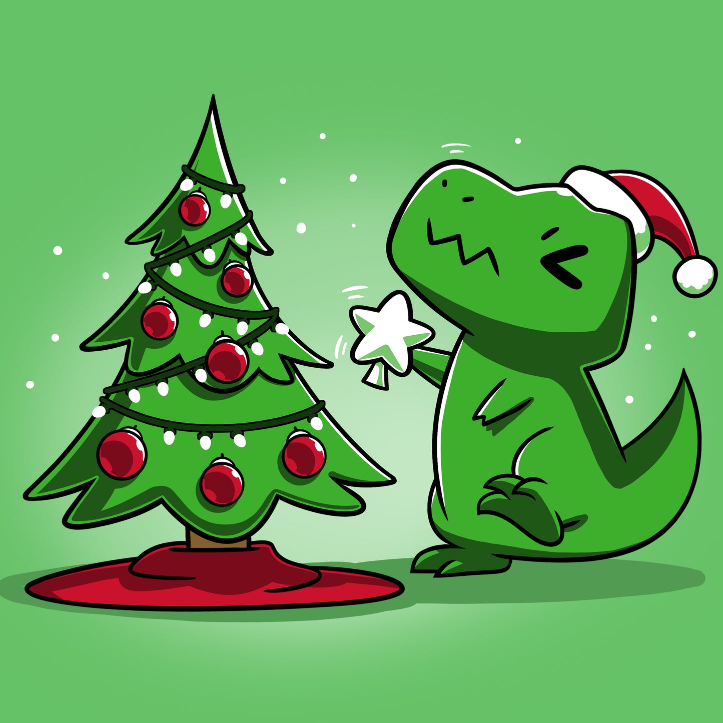 A TeeTurtle Christmas T-Rex with a santa hat standing next to a christmas tree, wearing a festive t-shirt.