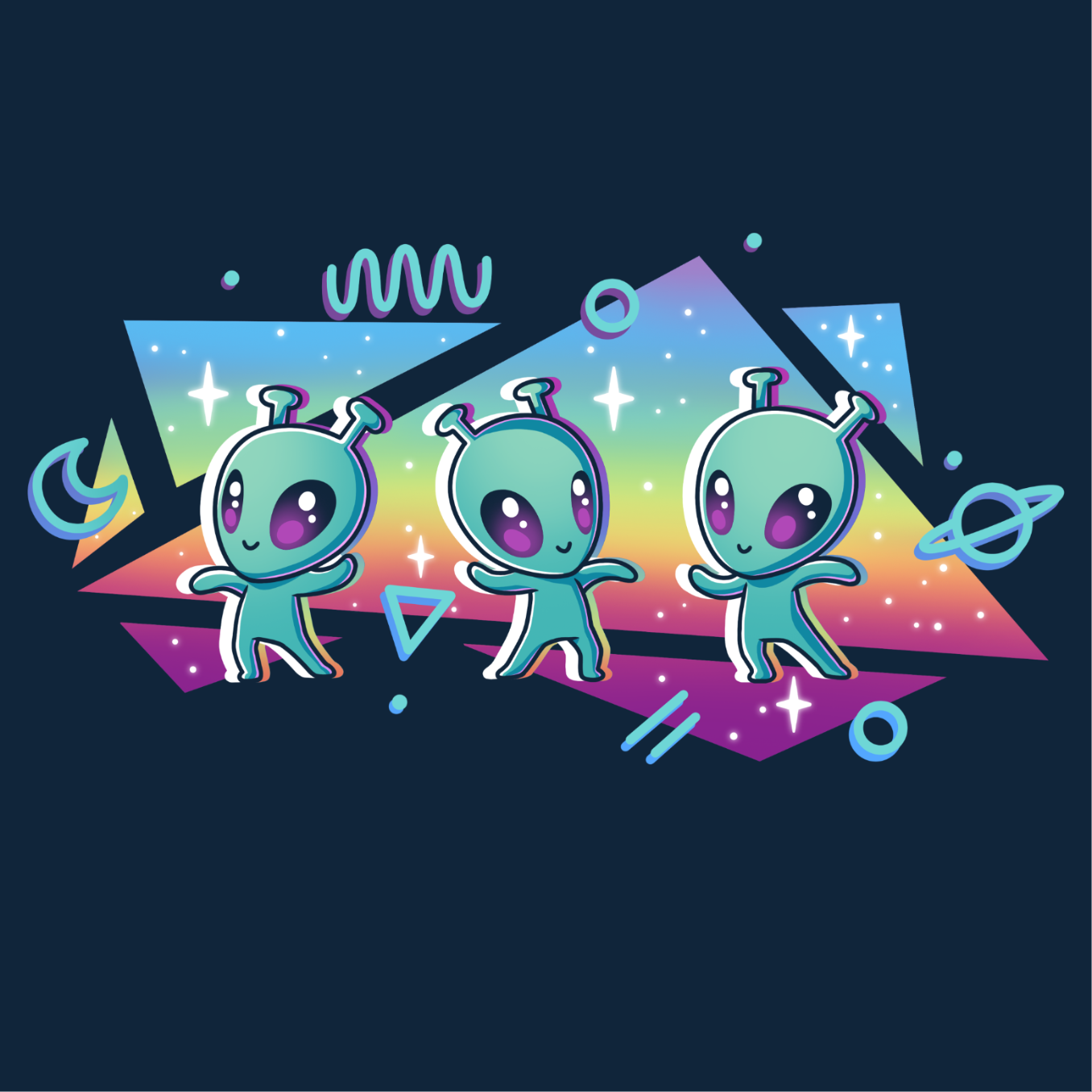 Crew Neck Sweatshirt_TeeTurtle navy "Interstellar Pride" Crew Neck Sweatshirt featuring three cut aliens dancing in front of geometric shapes filled with a rainbow gradient