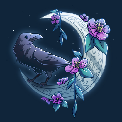 Classic Cotton T-shirt_TeeTurtle navy blue Midnight Perch Classic Cotton T-shirt featuring a raven perched and glowing atop a fancy crescent moon with pink flowers and stars in the background