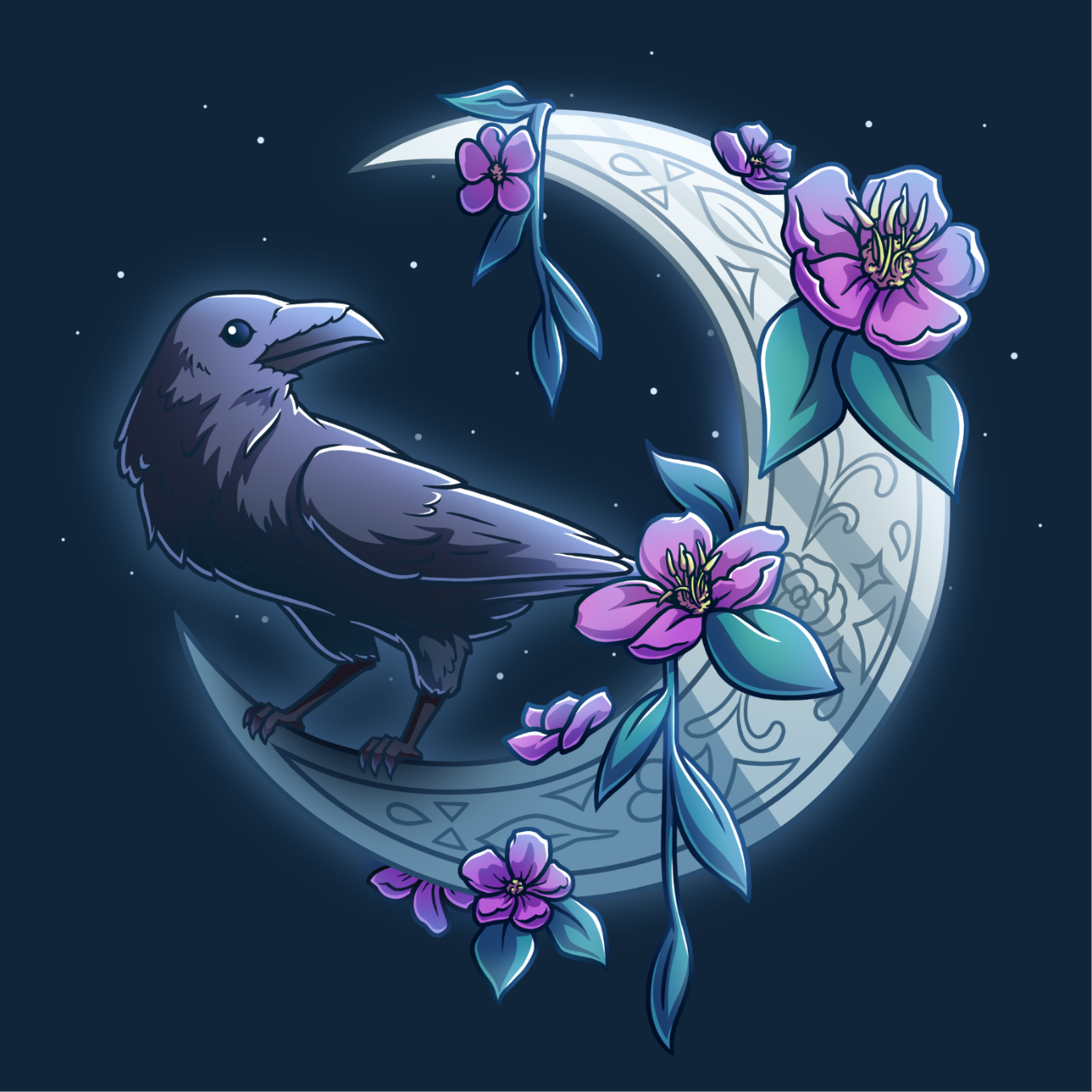 Long Sleeve T-shirt_TeeTurtle navy blue Midnight Perch Long Sleeve T-shirt featuring a raven perched and glowing atop a fancy crescent moon with pink flowers and stars in the background