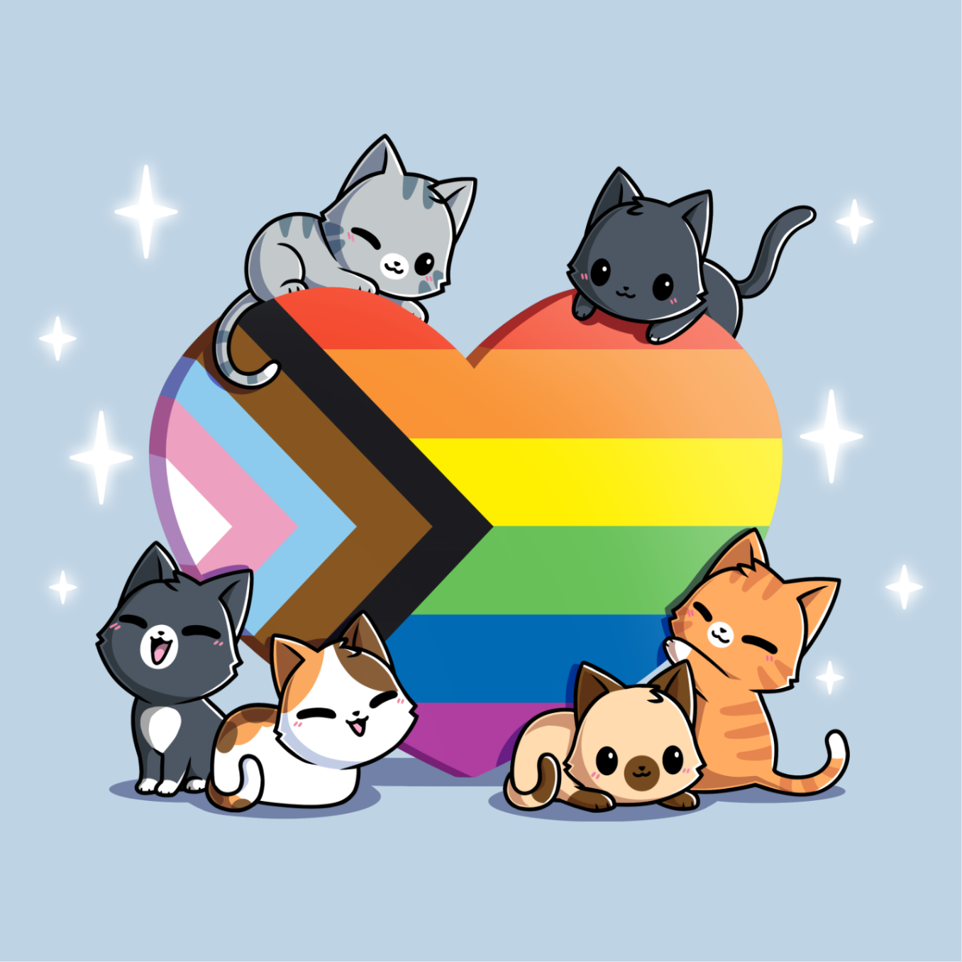 Women's Premium T-Shirt_TeeTurtle light blue Progress Purride Women's Premium T-Shirt featuring six cats gathered around a heart filled with the Progress Pride flag colors, with small white sparkles surrounding the design.