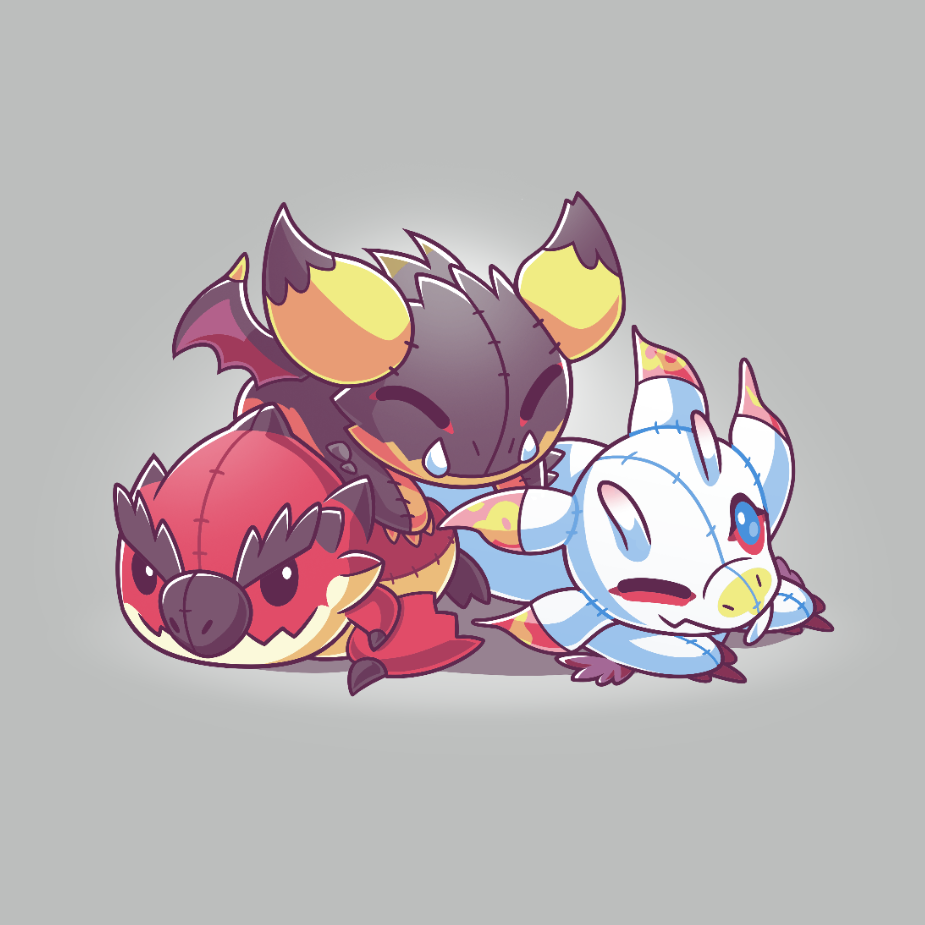 Premium Cotton T-shirt_TeeTurtle silver gray Monster Hunter Ragdolls apparel featuring Rathalos, Nergigante, and Mizutsune as ragdolls.